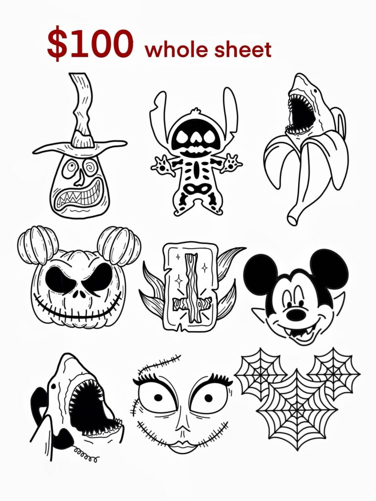 A sheet of various black and white Halloween-themed tattoo designs, including a witch, skeleton, shark-banana hybrid, and spider web, priced at $100.