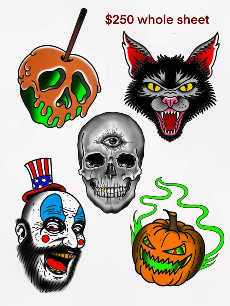 A set of five tattoo designs: caramel apple skull, snarling cat, skull with a third eye, grinning clown, and glowing pumpkin. Price listed as $250 for the whole sheet.