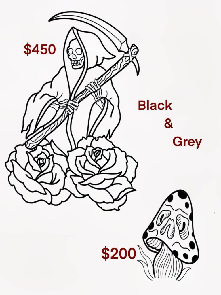 Line art of a Grim Reaper with roses, priced at $450, labeled "Black & Grey." Below, a mushroom with eyes, priced at $200.