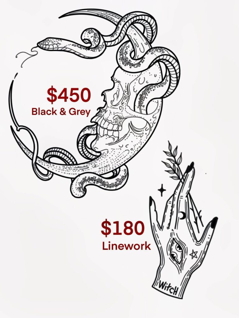 Black and grey snake and skull tattoo priced at $450, and a linework hand tattoo with an eye and plant priced at $180.