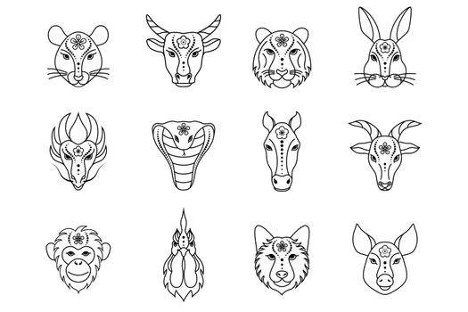 Line art of 12 zodiac animals: rat, ox, tiger, rabbit, dragon, snake, horse, goat, monkey, rooster, dog, pig, each with a decorative floral pattern on their heads.