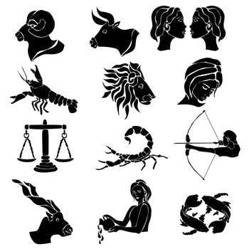Black silhouettes of the twelve zodiac signs: Aries, Taurus, Gemini, Cancer, Leo, Virgo, Libra, Scorpio, Sagittarius, Capricorn, Aquarius, and Pisces.