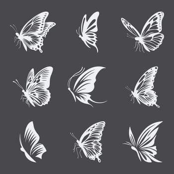 Nine white butterfly silhouettes on a dark gray background, each with unique wing patterns and shapes.