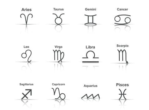 Zodiac symbols for Aries, Taurus, Gemini, Cancer, Leo, Virgo, Libra, Scorpio, Sagittarius, Capricorn, Aquarius, and Pisces displayed in a grid format.