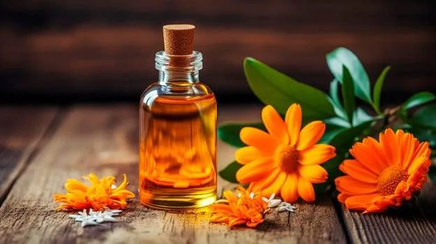 A glass bottle with cork containing golden oil sits on a wooden surface, surrounded by bright orange flowers and green leaves.