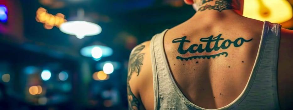 A person with a large "tattoo" text tattooed on their upper back, wearing a tank top, in a dimly lit setting.