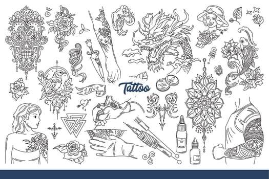 Tattoo design sheet featuring various images including a dragon, tribal patterns, a rose, a dagger, and a mandala.