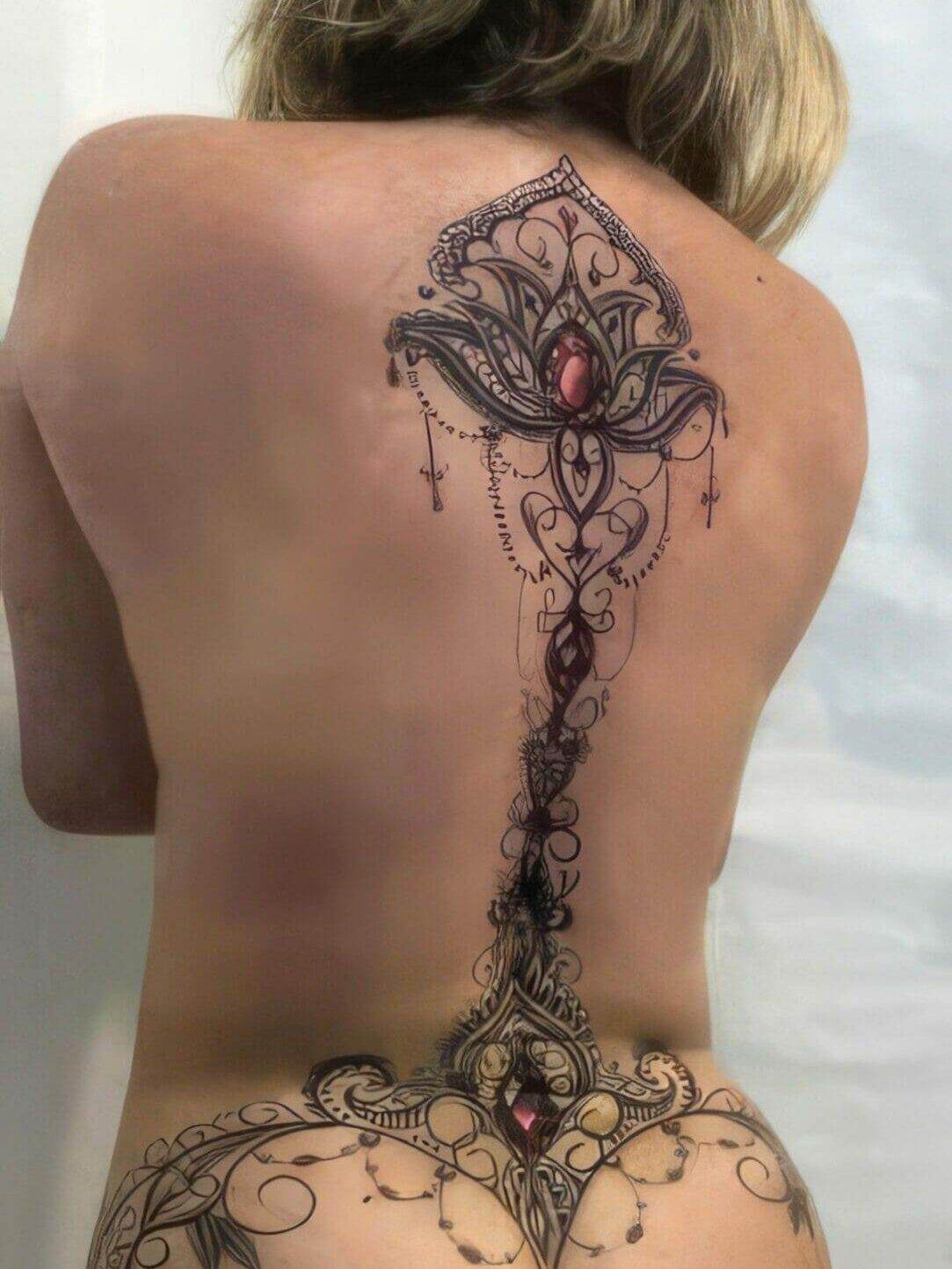 A person with their back turned, displaying an intricate back tattoo design featuring ornamental patterns and red gem-like elements stretching from the upper back to the lower back.