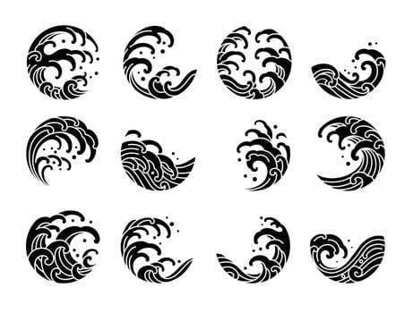 Twelve black wave designs in circular shapes, each with unique patterns and curves.