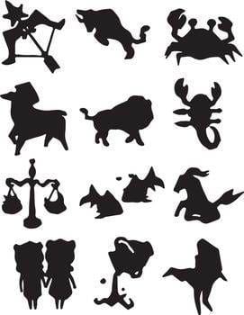 Black silhouettes of the twelve zodiac signs in various shapes on a white background.