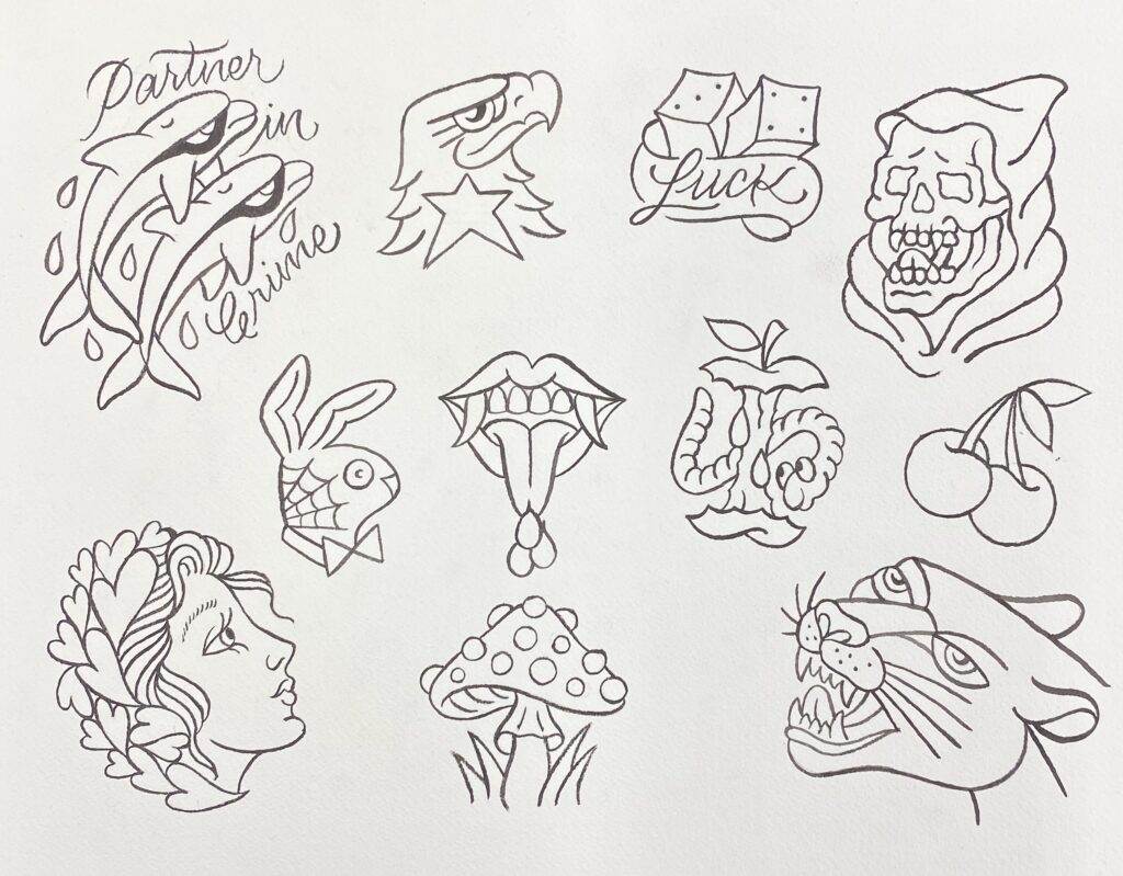 A collection of black line art tattoos including dolphins, a parrot, dice, skull, cherries, woman's head, mushroom, animal head, open mouth, fish, and an apple brain.