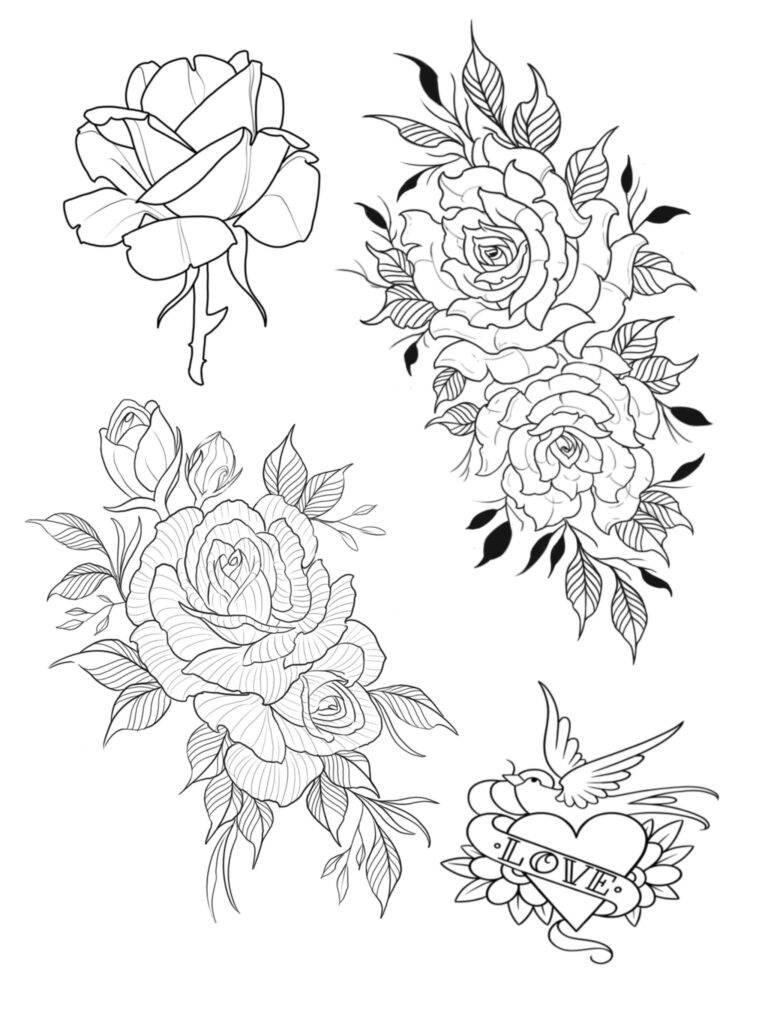 Black and white floral tattoo designs featuring roses, leaves, and a heart with a ribbon labeled "Love.