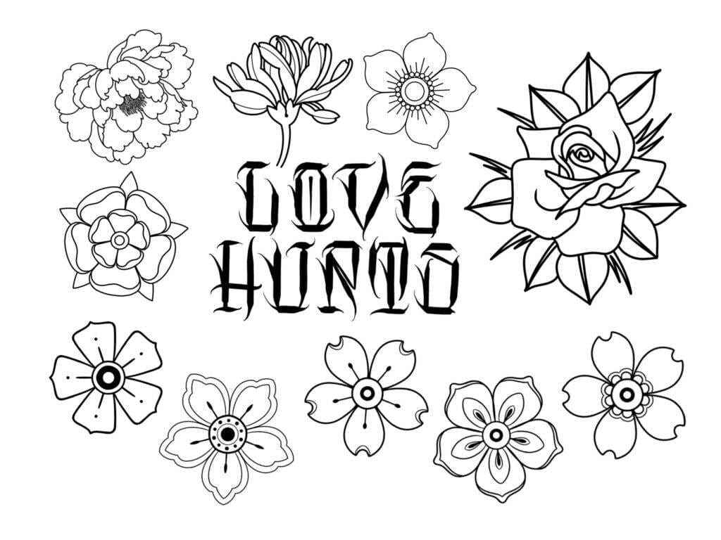 A collection of floral drawings surrounds the words "Love Hurts" in stylized, bold lettering.