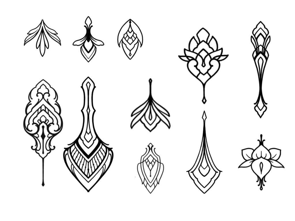A collection of ten intricate black line art designs resembling stylized floral and geometric motifs on a white background.