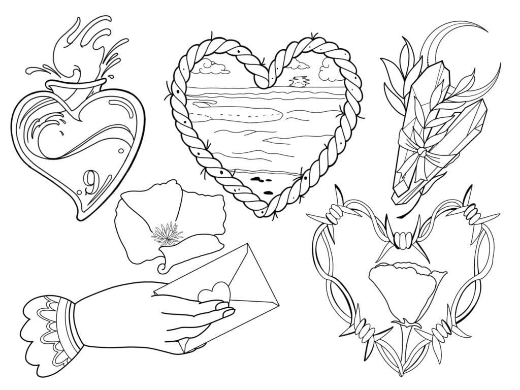 Line art featuring a heart-shaped beach scene, a crystal heart, a potion bottle, a flower, and a hand holding a letter.