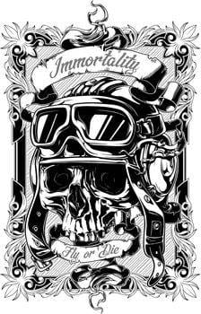 Illustration of a skull wearing aviator goggles and a helmet with the words "Immortality" and "Fly or Die" framed by intricate floral and mechanical designs.
