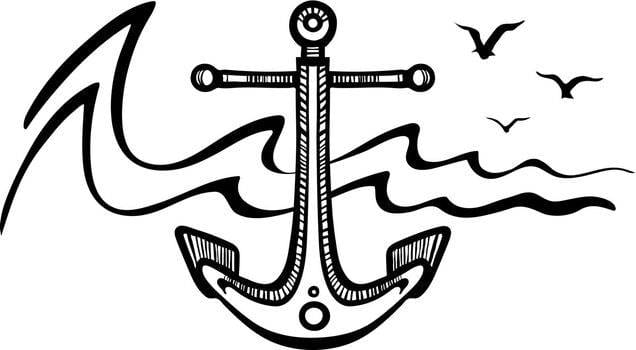 Illustration of an anchor with stylized waves and three flying birds in the background.