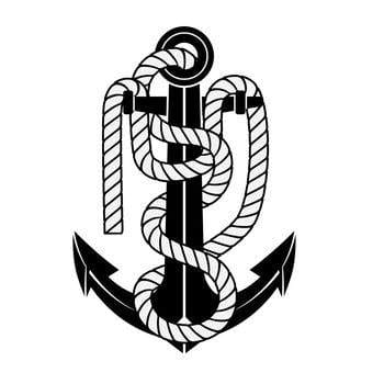 Black and white illustration of an anchor with a rope coiled around it.
