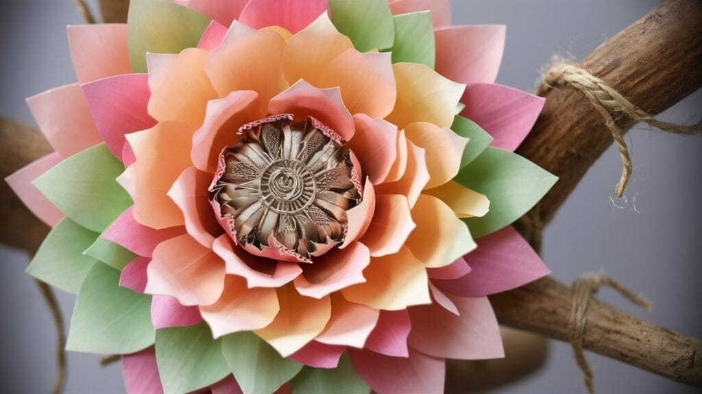 A close-up of a colorful paper flower with layered petals in pastel shades of pink, orange, yellow, and green, and a detailed, textured center, attached to a wooden branch with twine.