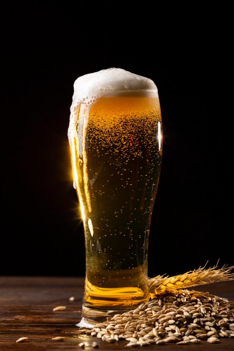 A tall glass of beer with foam on top sits on a wooden surface next to scattered barley grains and a wheat stalk, against a black background.