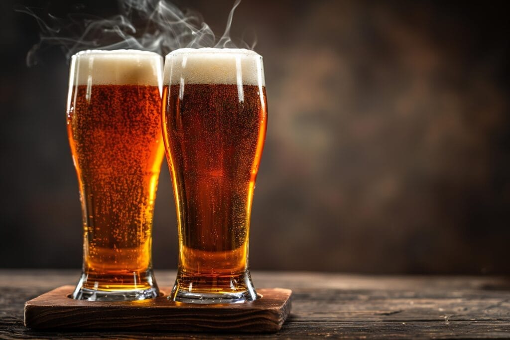 Two glasses of steaming beer on a wooden tray against a dark background.