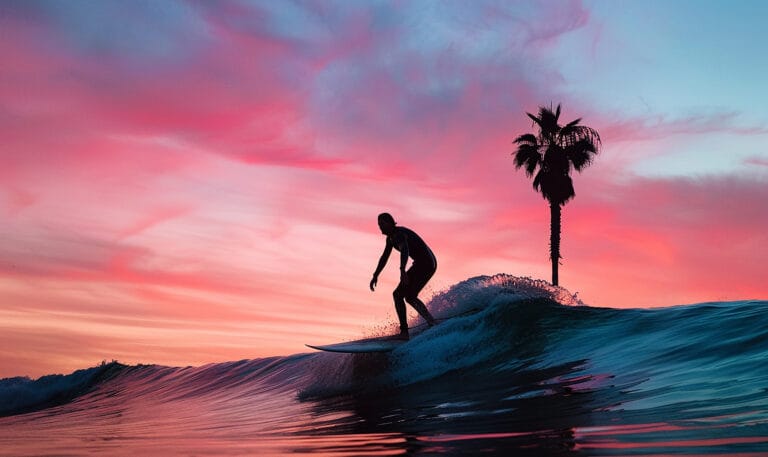 A surfer rides a wave at sunset, silhouetted against a colorful sky with a palm tree in the background.